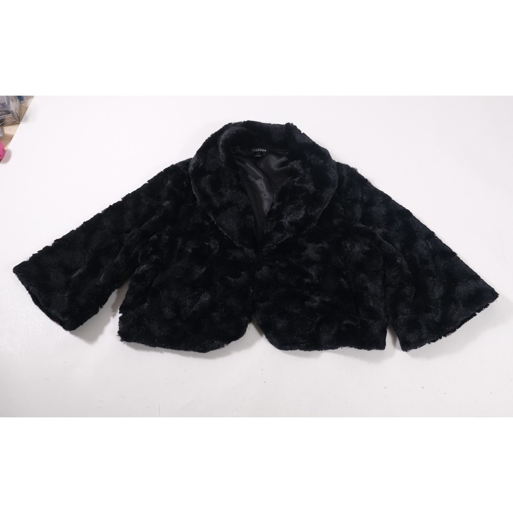 Forever Woman Jacket Womens 1X Black Faux Fur Cropped Shawl Collar Open Front